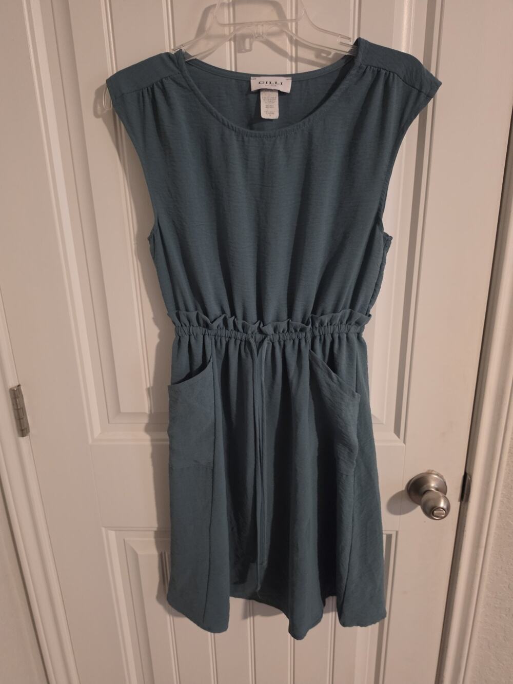 GILLI Womens Small Teal Dress Drawstring Waist Pockets Ruffle Casual Mini